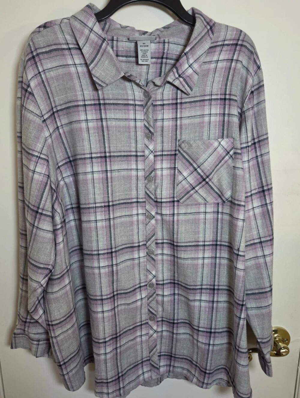 Catherines 2X Plaid Button Down Shirt Plus Size Gray Purple Flannel Long Sleeve